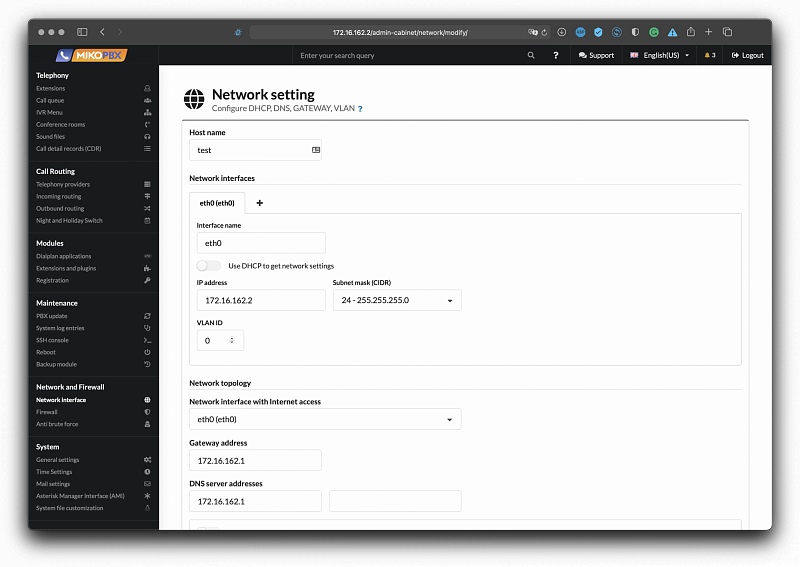 Network interface settings